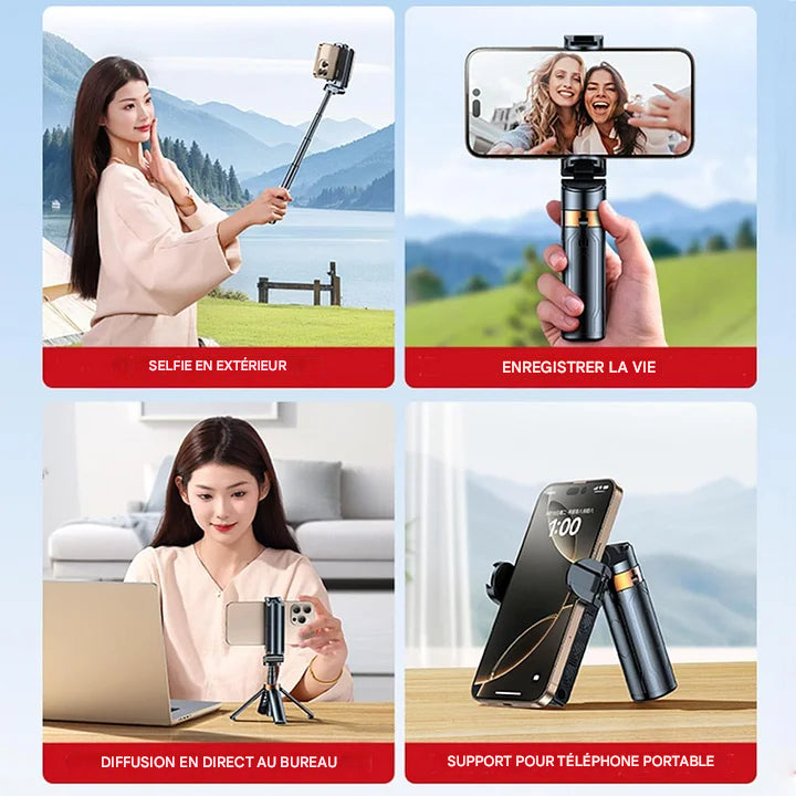 【Paiement à la livraison, livraison sous 24 heures】Mini perche à selfie 3 en 1, support pour téléphone portable, idéal pour la diffusion en direct en extérieur et les courts métrages vidéo (noir)